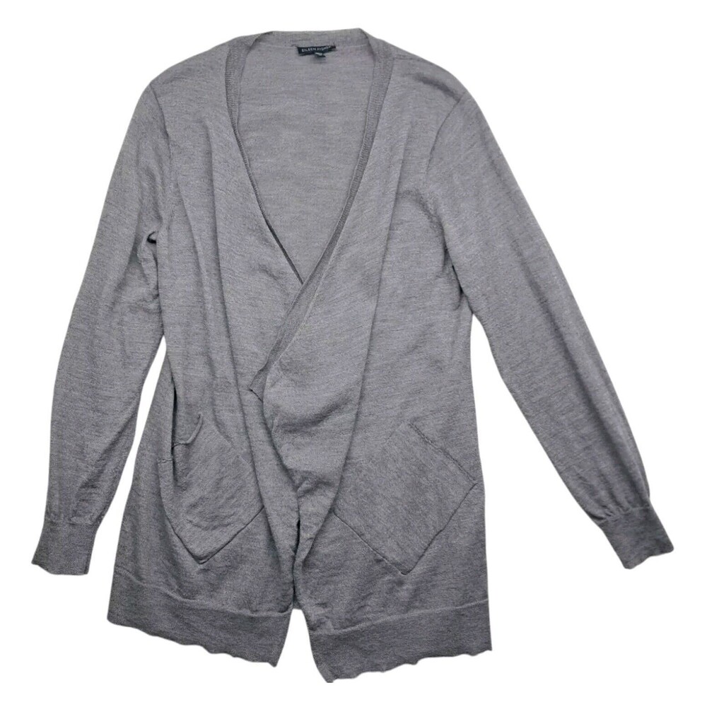 Eileen Fisher Open Cardigan Sweater 100% Wool Gray Pockets Women's Medium